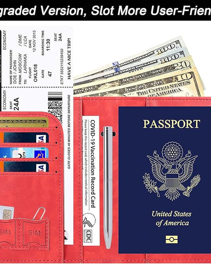 Passport Holder Cover Wallet Travel Essentials Leather Rfid Blocking Case Vacation Luggage Must Haves Travel Accessories for Men Women (116#Red)