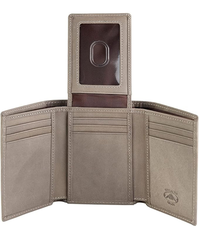 Stealth Mode Trifold Wallet - RFID Blocking Wallet with Flip ID Holder - Leather Case for Money, Credit Cards - Mens Organizer, Divided Billfold, Identity Protection - Men's Gifts (Grey)