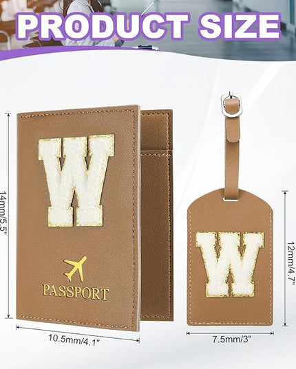 PATIKIL Passport Holder for Travel, Initial Passport Cover and Luggage Tag Set with Alphabet Chenille Letter Patch Travel Wallet Bag Suitcase Identifier for Women Family Travel Brown W