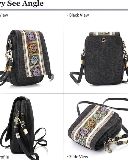 Goodhan Embroidery Canvas Crossbody Bag Cell phone Pouch Coin Purse for Women