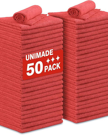 Shop Towels Rags, 50 Pack Reusable Shop Rags Bulk Microfiber Cleaning Cloth Lint Free Cleaning Towels for Car Kitchen Automotive Bar Mechanic Restaurant Garage, 11.5"x 11.5", Red