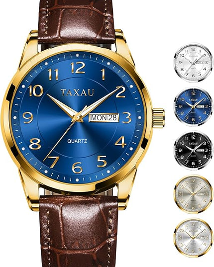 Men Dress Watch Waterproof Leather Watches for Men with Day Date Luxury Large Arabic Numerals Analog Quartz Classic Leather Watch Easy Read relojes para Hombres