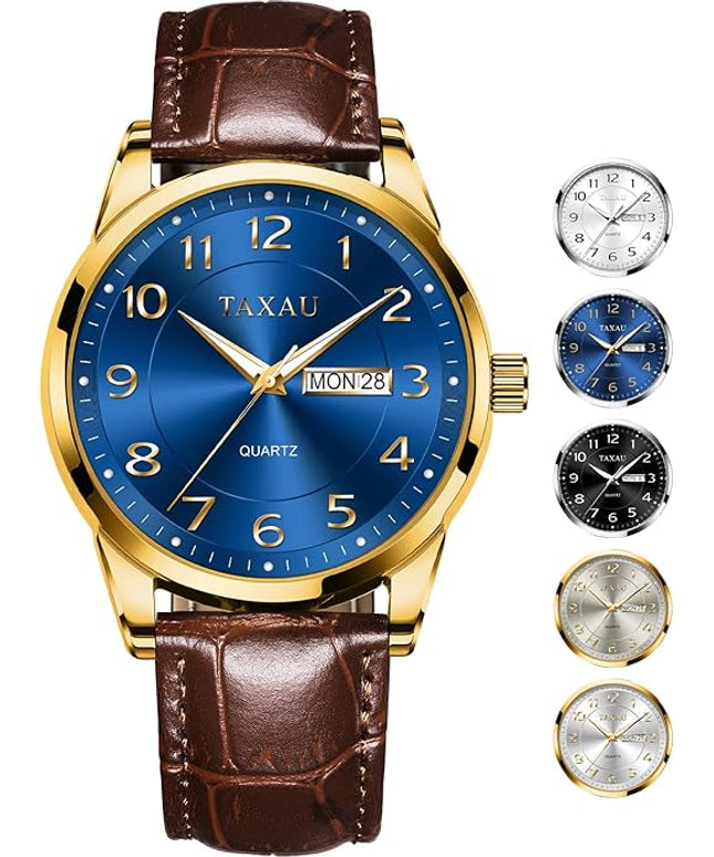 Men Dress Watch Waterproof Leather Watches for Men with Day Date Luxury Large Arabic Numerals Analog Quartz Classic Leather Watch Easy Read relojes para Hombres