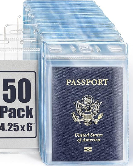 Mifflin-USA Passport & Card Holders (Clear, 4x6 Inches, 50 Pack), Extra Large ID Name Badge Holder, Zipperless Vertical Plastic Card Holders