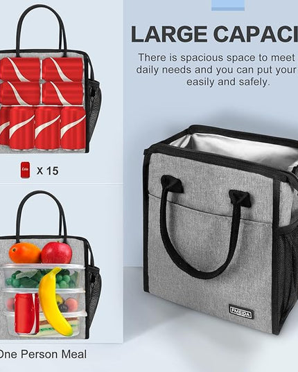 Fmeida Insulated Lunch Bags for Women Men Reusable Lunch Box Bag Lunch Tote Bag with Front&Side Pockets Leakproof Thermal Lunch Cooler for Work Picnic Beach Travel