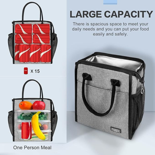Fmeida Insulated Lunch Bags for Women Men Reusable Lunch Box Bag Lunch Tote Bag with Front&Side Pockets Leakproof Thermal Lunch Cooler for Work Picnic Beach Travel