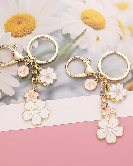 SELOVO Initial Keychain Flower Charms for Key Cute Pink Letter Keyring for Backpack