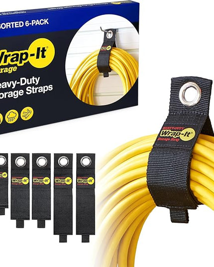 Heavy-Duty Wrap-It Storage Straps (Assorted 6 Pack) - Garage Storage Extension Cord Management Cable Straps for RV Accessories and Shed Organizer