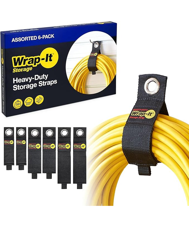 Heavy-Duty Wrap-It Storage Straps (Assorted 6 Pack) - Garage Storage Extension Cord Management Cable Straps for RV Accessories and Shed Organizer