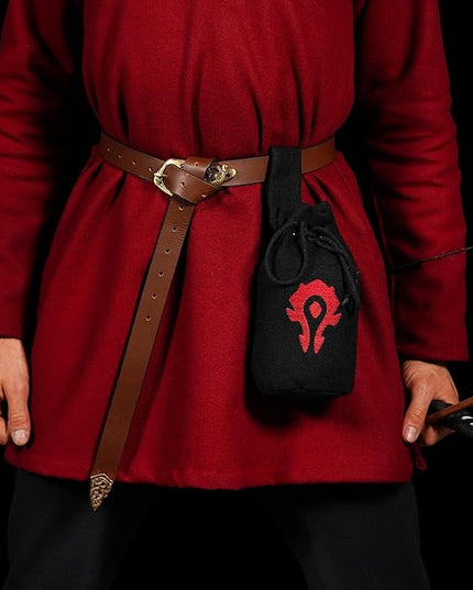 Mythrojan Medieval Woolen Belt Pouch Warcraft For the Horde Drawstring Portable Pouch Embroidered Coin Purse Costume Waist Bag for Cosplay, LARP - Black