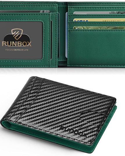 RUNBOX Wallet for Men Slim Leather Bifold RFID Blocking Minimalist Front Pocket Design with Gift Box