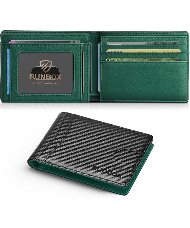 RUNBOX Wallet for Men Slim Leather Bifold RFID Blocking Minimalist Front Pocket Design with Gift Box