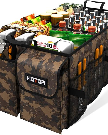 HOTOR Trunk Organizer - Car Organizer, Foldable Trunk organizer for SUVs & Sedans, Sturdy Car Organization for Car Accessories, Tools, Sundries, Brown Camouflage, 2 Compartments, 21.3"×12.6"×10.6"