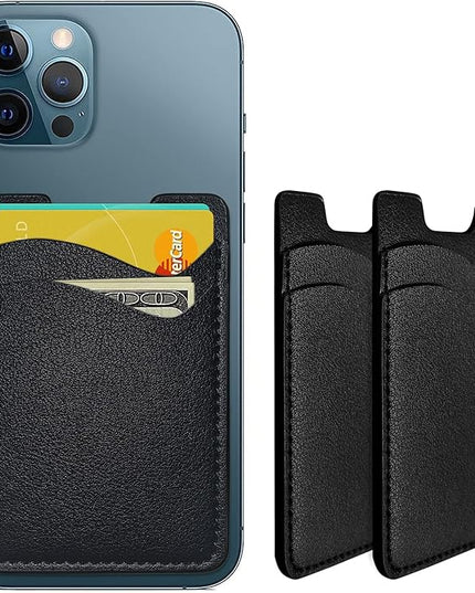 Leather Phone Wallet, Stick On Card Holder for Back of Phone Case - Compatible with Most Cell Phones (iPhone, Samsung) - 2Pack Black