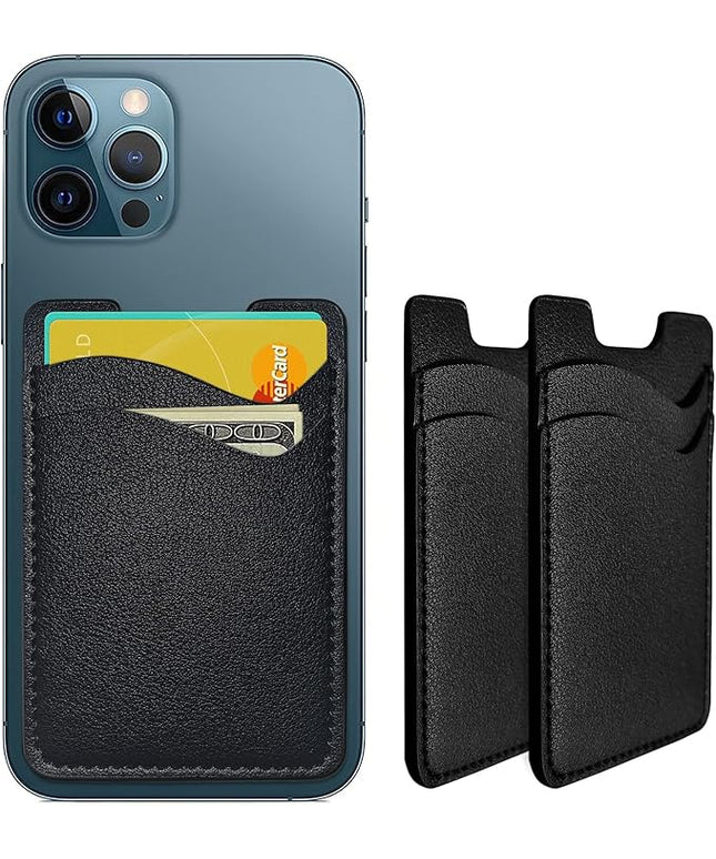 Leather Phone Wallet, Stick On Card Holder for Back of Phone Case - Compatible with Most Cell Phones (iPhone, Samsung) - 2Pack Black