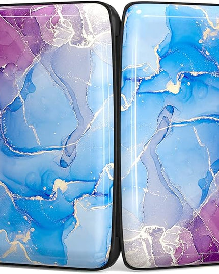 Atufsuat Credit Card Holder, Mini Aluminum Card Wallet RFID Blocking Slim Metal Hard Card Case for Women Men, Blue Purple Marble