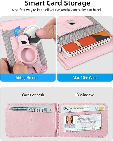 For Magsafe Wallet with Airtag Holder, Strong Magnetic Wallet for iPhone 17/16/15/14/13/12 Series, for iPhone Walletwith Adjustable Stand, ID Window, 4 Card Slots, 10 Cards Holder, Vegan Leather, Pink