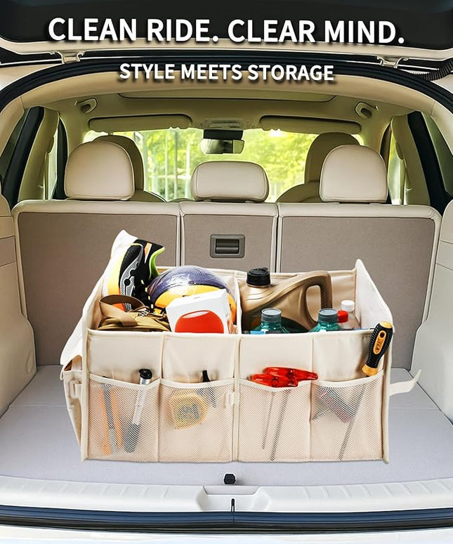 Sturdy Car Trunk Organizer – Large Capacity Trunk Organizer for SUVs & Sedans, Hard-Shell One-Piece Design with Cute Print, Collapsible and Durable Car Organizers （Beige Leopard 70L ）
