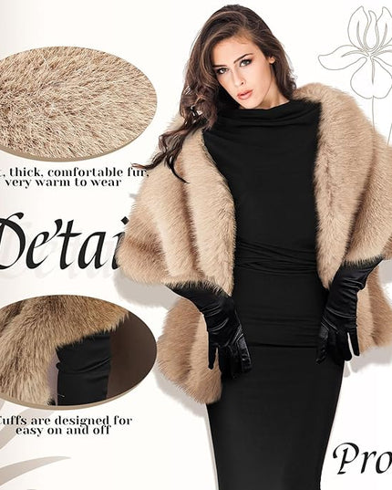 Zhanmai 2 Pcs Winter Long Shawl Cloak Stretchy Glove Opera Bridal Dance Gloves for Women Dress Party Coat