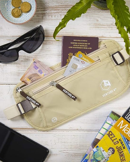 VENTURE 4TH Money Belt for Travel – Hidden Under-Clothes RFID Blocking Passport Holder & Slim Travel Wallet Pouch for Men & Women to Protect Cash, Cards & Documents (Beige)