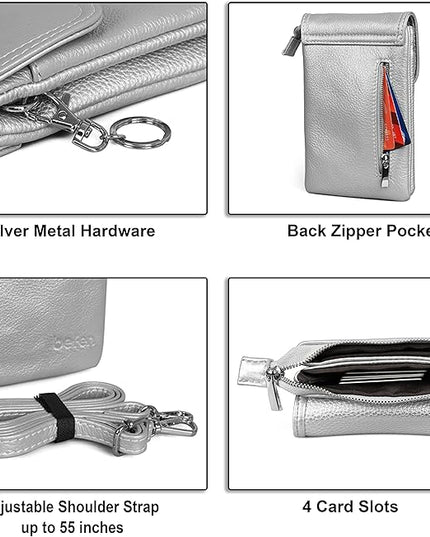 befen Genuine Leather Small Crossbody Bags for Women Cell Phone Bag Cross Body Purses,Silver Zipper