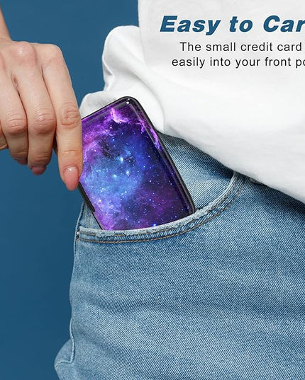 Atufsuat Credit Card Holder, Mini Aluminum Card Wallet RFID Blocking Slim Metal Hard Card Case for Women Men, Galaxy