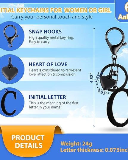 A-Z Heart Initial Letter Keychain, Stainless Steel Alphabet Charm for Handbags, Gift for Women and Girls