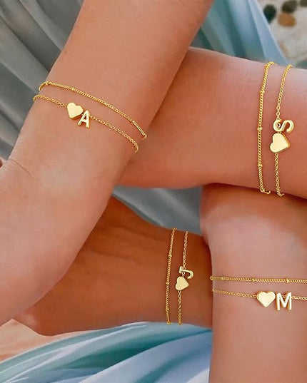 M MOOHAM Valentines Day Gifts for Kids Teen Girls -14K-Gold-Plated Heart Initial A-Z Bracelets for Women Girl Dainty Gold Bracelets Birthday Valentines Gifts for Women Her Teenage Girls Kid Teen Gift