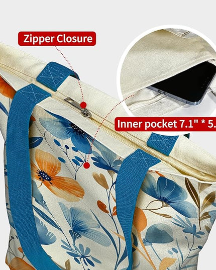 Tote Bag for Women, Reusable Zippered Canvas Bag with Handles Pocket Thick Canvas, for Grocery Shopping Beach Gift