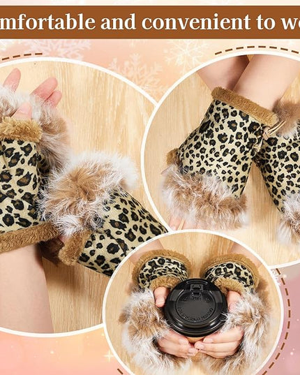 SATINIOR Women Fur Fingerless Gloves Winter Rabbit Fur Lined Half Finger Mittens for Women Girls Teen Working Writing