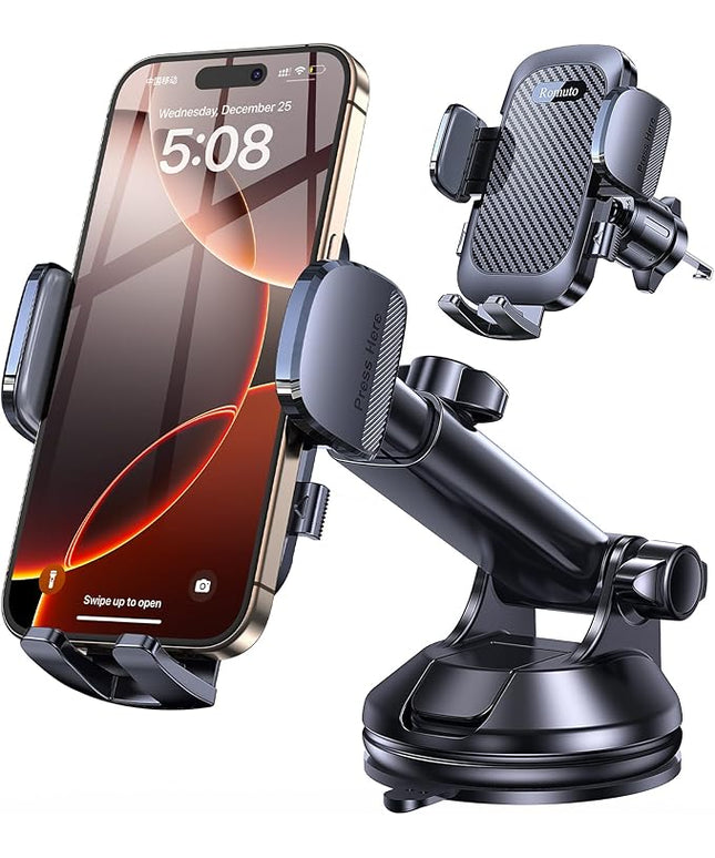 Romuto Phone Holders for Your Car Phone Holder Mount【Super Suction】Cell Phone Mount for Car Accessories for Women Men Windshield/Vent/Dashboard Pad Mount Truck Stand GPS Dash Holder for iPhone Samsung