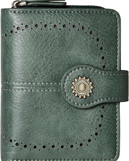 TFKGS Small Womens Wallet Leather RFID Blocking Bifold Compact Card Holder Ladies Zipper Accordion Pocket with ID Window Green
