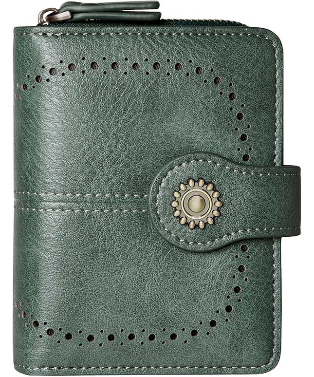 TFKGS Small Womens Wallet Leather RFID Blocking Bifold Compact Card Holder Ladies Zipper Accordion Pocket with ID Window Green