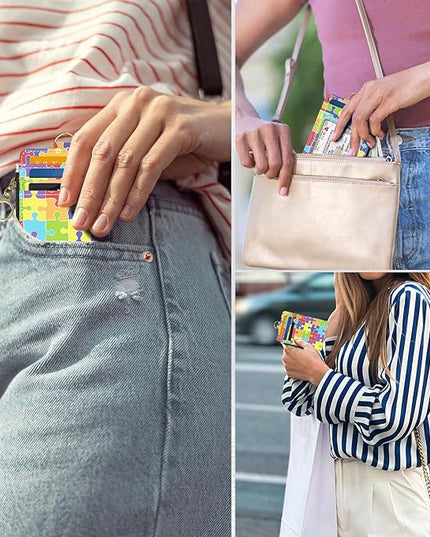 Slim Wallet Credit Card Holder, Jigsaw Puzzle, RFID Wallet Women Cute Small Front Pocket Wallet With Zipper, PU Leather Thin travel RFID Blocking Card Case ID Window,Ladies Gifts
