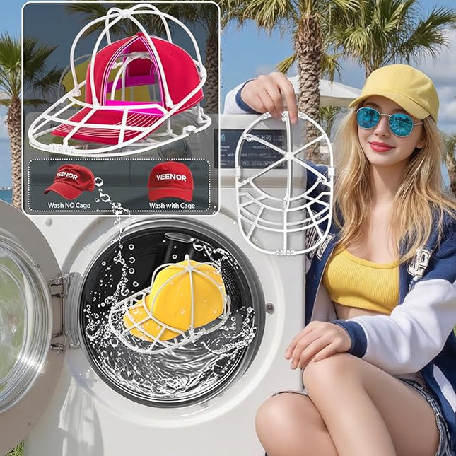 YEENOR Hat Washer Cage for Washing Machine - Baseball Cap Cleaner Rack, Ball Cap Washing, Dishwasher Safe, Perfect for Cleaning and Protecting Hats in Dishwasher (White 2Pack (Assembly))