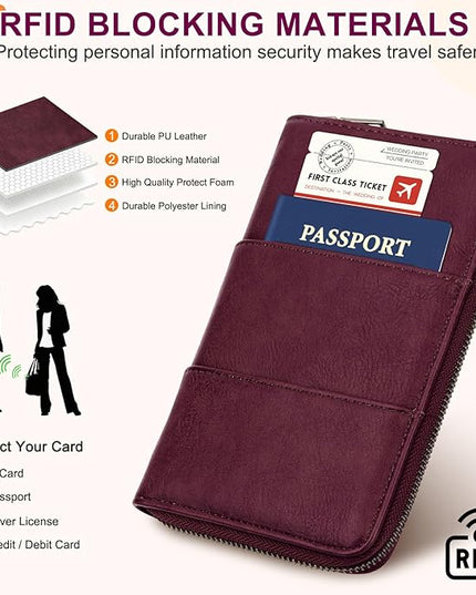 Family Passport Holder Wallet with Zipper, RFID Blocking Travel Document Organizer, PU Leather Passport Wallet for Women Men, Passport Cover Travel Wallet for Boarding Pass, ID, Money, Tickets