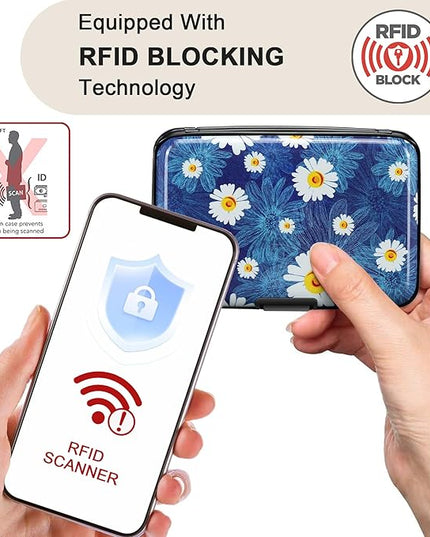 ELFISH Mini RFID Aluminum Wallet Credit Cards Holder Business Card Case Metal ID Case for Men Women(White Flower)