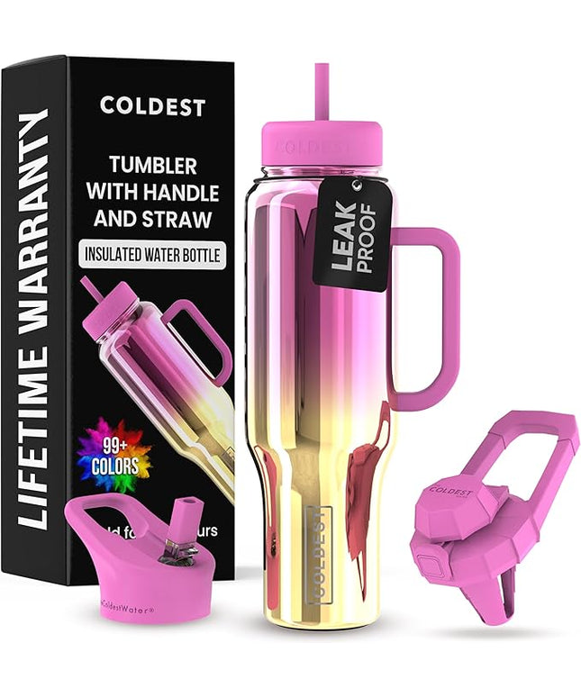 Coldest Tumbler with Handle and Straw - 100% Spill Proof Tumbler with Straw (3 Lids) - Stainless Steel Insulated Leakproof Tumblers for Women & Men - Cup Holder Friendly - 46 oz (SunTan Nova)