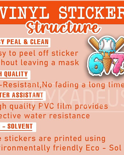 (3Pcs) Funny Baseball 67 Ice Cream Drip Stickers Baseball Drip Number 67 Player Six Seven Meme Sports Humor Vinyl Decal Waterproof Sticker for Water Bottle, Tumbler, Laptop, Phone Case, 3" x 2.9"