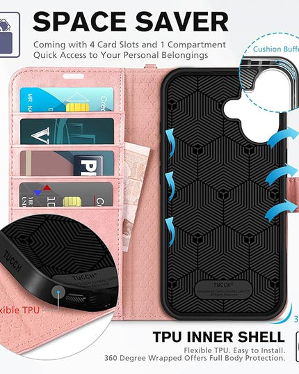 TUCCH Wallet Case for iPhone 16 5G, [Wrist Strap] Kickstand RFID Blocking 4 Card Slots Magnetic Closure, PU Leather Shockproof TPU Shell Compatible with iPhone 16 2024, Rose Gold with Wristlet