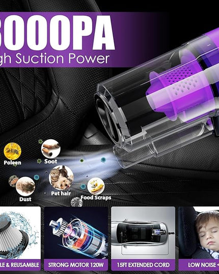 Viewsun 17PCS Car Cleaning Kit, Purple Car Interior Detailing Kit with High Power Handheld Vacuum, Detailing Brush Set, Windshield Cleaner, Cleaning Gel, Complete Auto Accessories for Women Gift