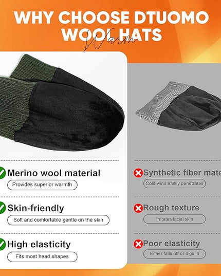 Merino Wool Beanie Hat for Men Women - Thermal Knitted Winter Hat for Large Heads Hiking Running Cap Wrap for Cold Weather
