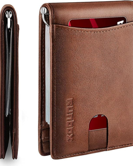 RUNBOX Slim Wallet for Men Genuine Leather RFID Blocking Bifold Minimalist Front Pocket Mens Wallet with Money Clip Thin Gift Box