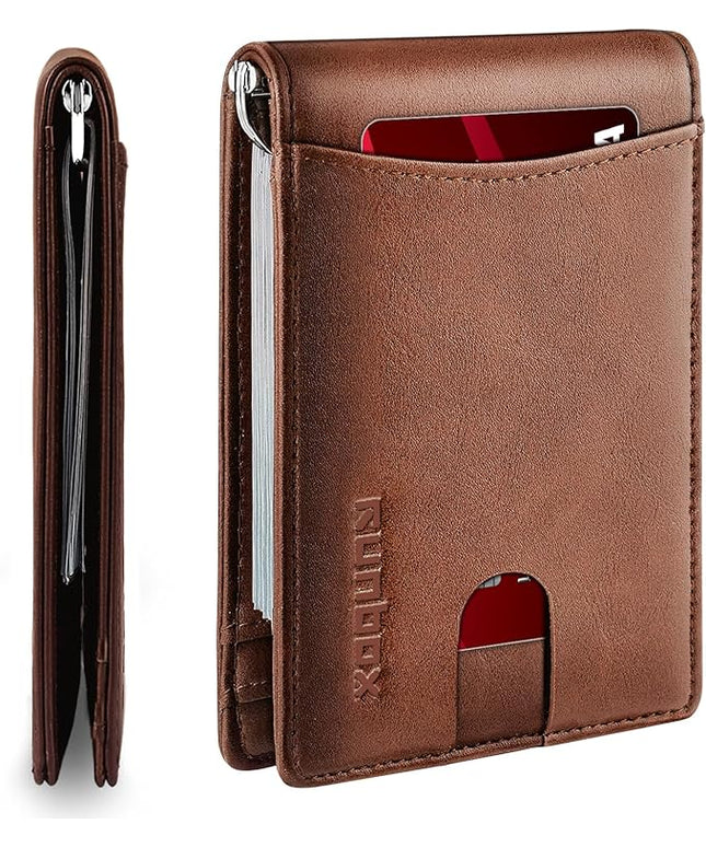 RUNBOX Slim Wallet for Men Genuine Leather RFID Blocking Bifold Minimalist Front Pocket Mens Wallet with Money Clip Thin Gift Box