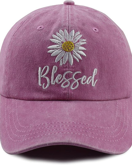 MANMESH HATT Embroidered Daisy Blessed Hat for Women Men, Adjustable Vintage Washed Cotton Christian Baseball Cap