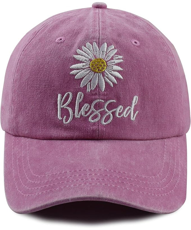 MANMESH HATT Embroidered Daisy Blessed Hat for Women Men, Adjustable Vintage Washed Cotton Christian Baseball Cap
