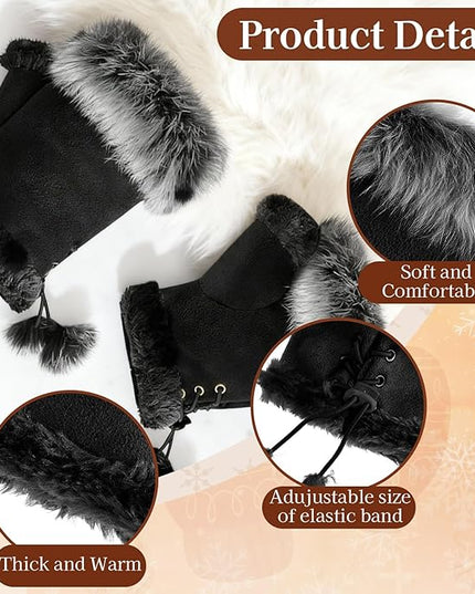 SATINIOR Women Fur Fingerless Gloves Winter Rabbit Fur Lined Half Finger Mittens for Women Girls Teen Working Writing