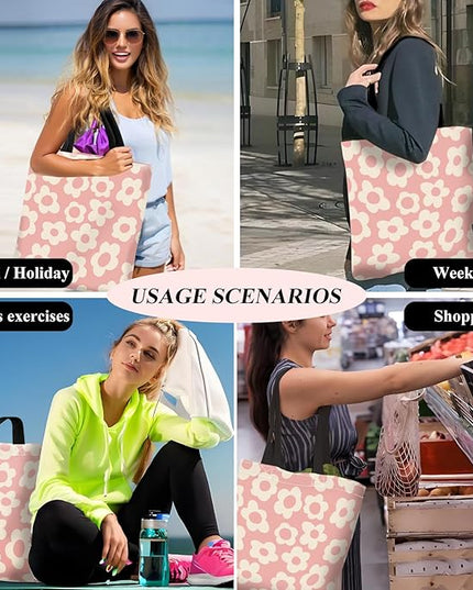 Canvas Tote Bag for Women，Cute Heavy-Duty Shoulder Bag with Zipper Pocket -Travel Tote for Grocery, Gym,Shopping