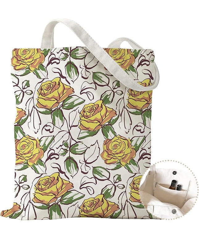 Aesthetic Canvas Tote Bag with Zipper Pockets & Snaps for Women,Reusable Shopping Grocery Bags Gifts -Work, Gym