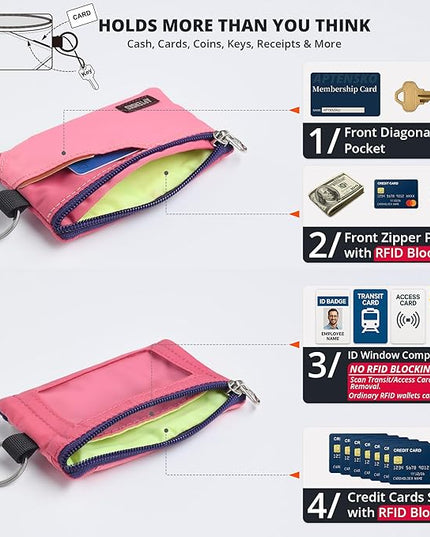 RFID Travel Wallet with Adjustable Lanyard-Zipper Small Wallet with ID Card Holder, Keychain for women&men-Minimalist Slim Waterproof Nylon case for ID, Cash, Key (Pink+RosePink)